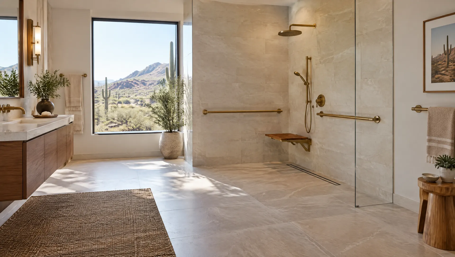 Elegant accessible bathroom with a curbless roll-in shower, a fold-down teak seat, matte brass grab bars that look like towel bars, and wide floor space