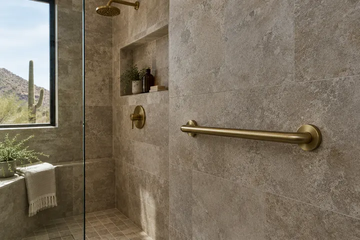 Matte brass grab bar installed inside a stone-look tiled shower