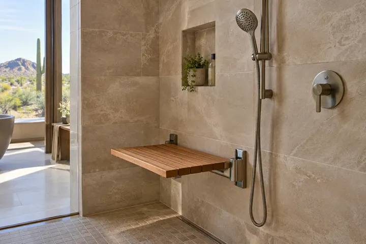 Fold-down teak shower seat on a tiled wall with a handheld shower within reach