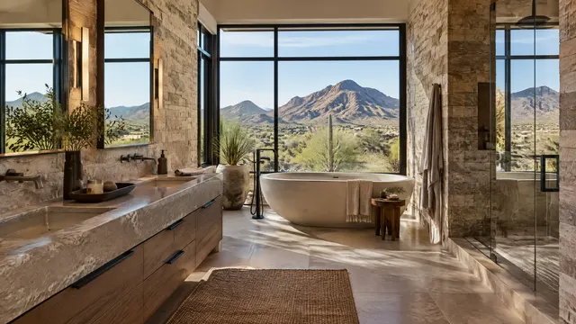 High-end desert-contemporary bathroom in a DC Ranch, Scottsdale home with stone walls, steel-framed windows and a view of the McDowell Mountains