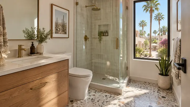 Modern townhome bathroom near Old Town Scottsdale, Arizona with a compact walk-in shower, terrazzo-look floor tile and a window showing palm trees and a sunlit courtyard