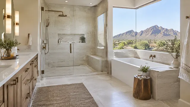 Remodeled primary bathroom in a two-story Scottsdale Ranch stucco home with a large shower, light tile and a window toward the McDowell Mountains