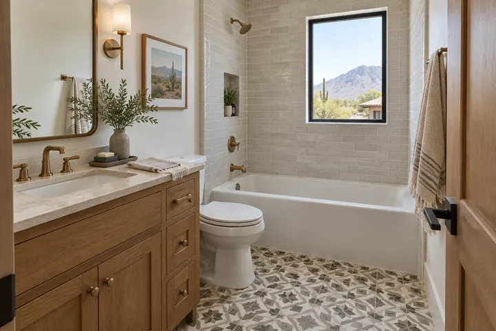 Remodeled guest hall bathroom with a tiled tub-shower, a compact wood vanity and patterned floor tile