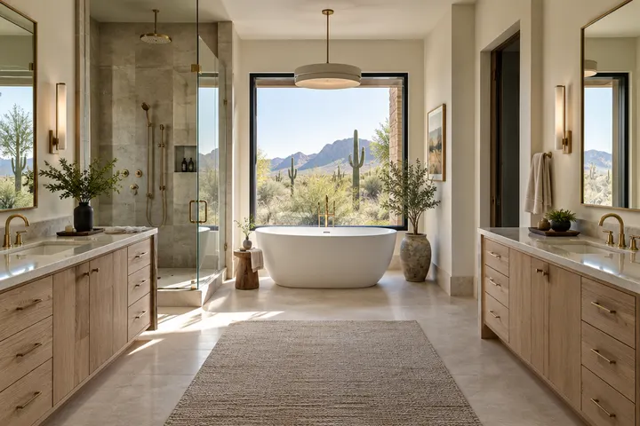 Luxurious primary bathroom with his-and-hers vanities, a walk-in shower and a freestanding tub