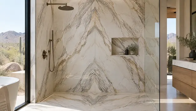 Floor-to-ceiling book-matched marble-look porcelain slabs on a shower wall with a mitered niche and a matching floor, clean grout-free look