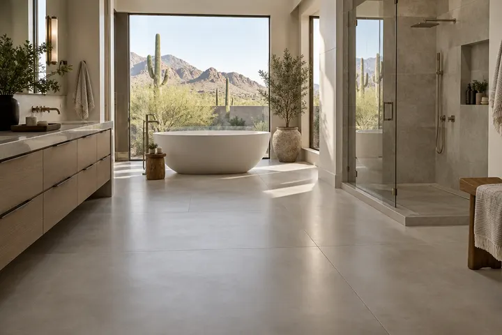 Large warm-gray porcelain floor tiles with tight grout lines in a spacious bathroom