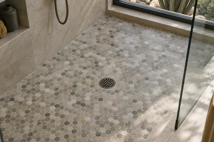 Small honed stone mosaic on a shower floor around a round drain