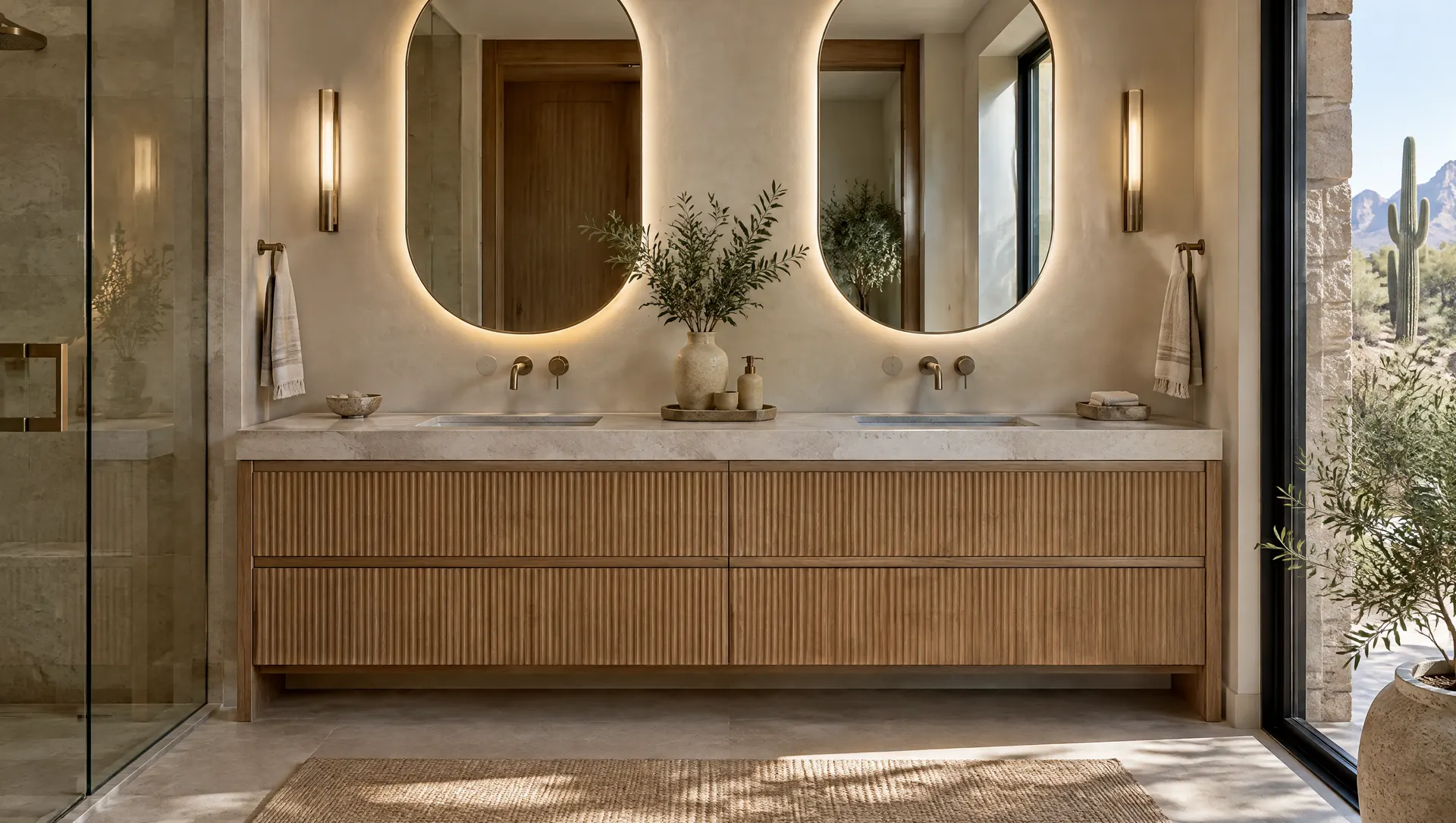 Custom white oak double vanity with fluted drawer fronts, a honed quartzite top, integrated sinks, wall-mounted faucets and backlit oval mirrors