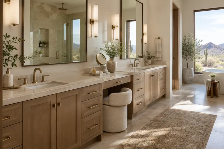 Long double vanity with two sinks, a makeup counter and drawers in a primary bathroom