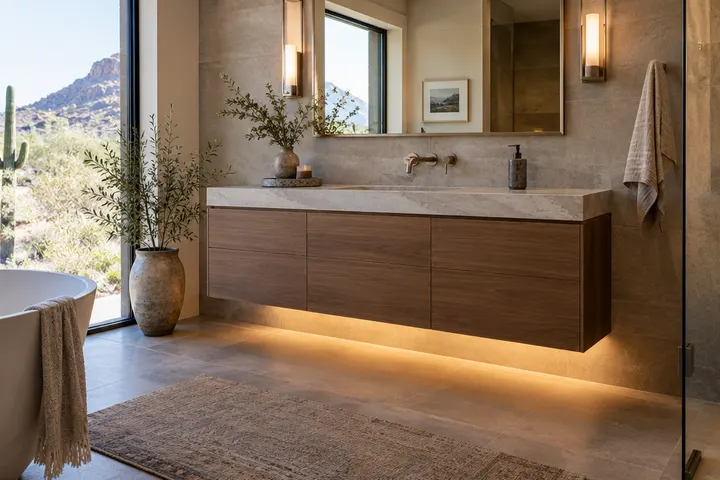 Wall-hung vanity with under-cabinet lighting glowing on the floor below