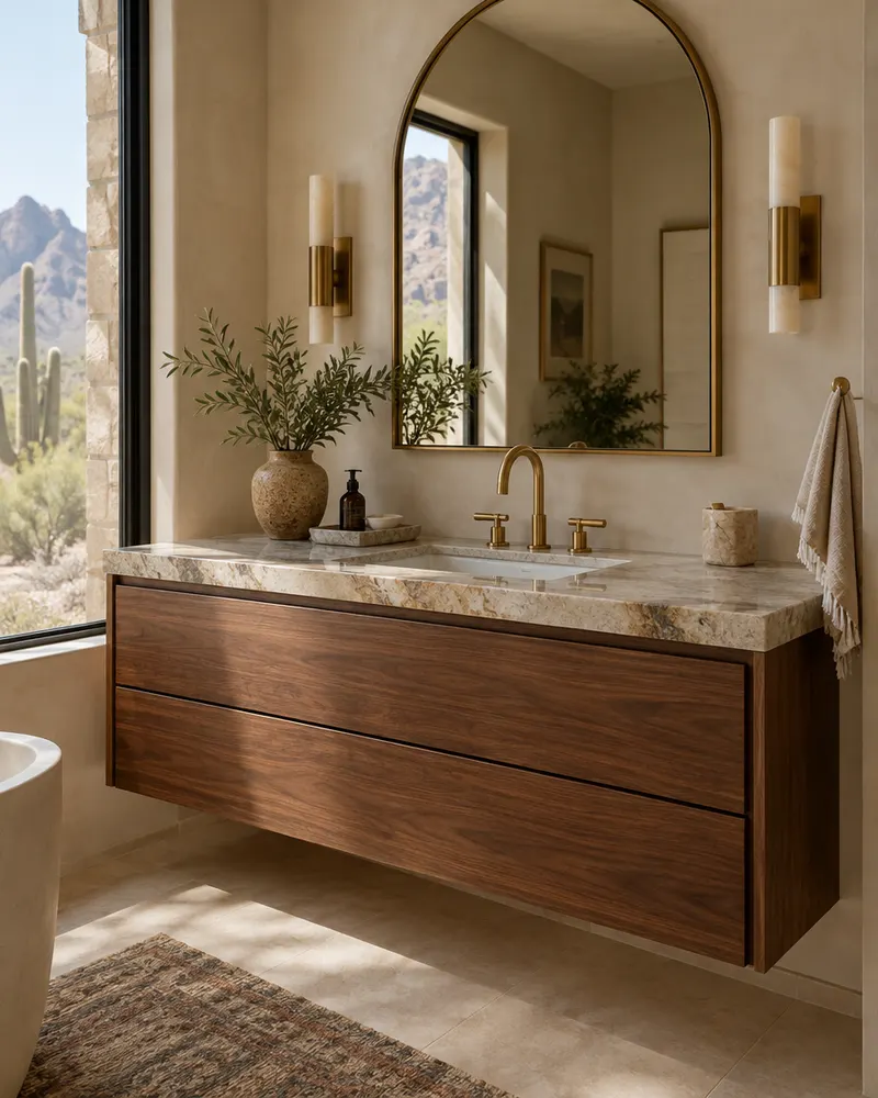 Floating walnut vanity with a quartzite top, undermount sink, brass faucet and arched mirror