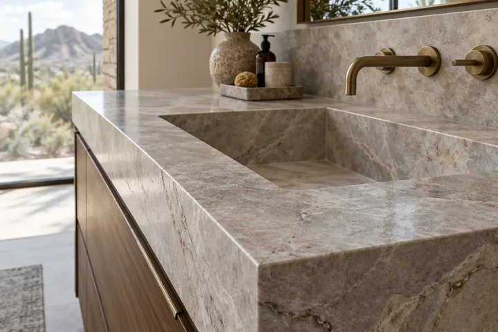 Close-up of a honed quartzite vanity top with an integrated sink and mitered edge
