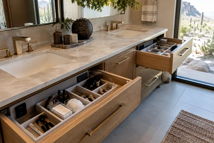 Open vanity drawers with outlets inside and organized dividers