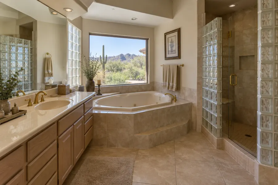 Dated Scottsdale primary bathroom before a remodel: oversized corner jetted tub, cultured-marble vanity with brass faucets, beige tile and a cramped glass-block shower