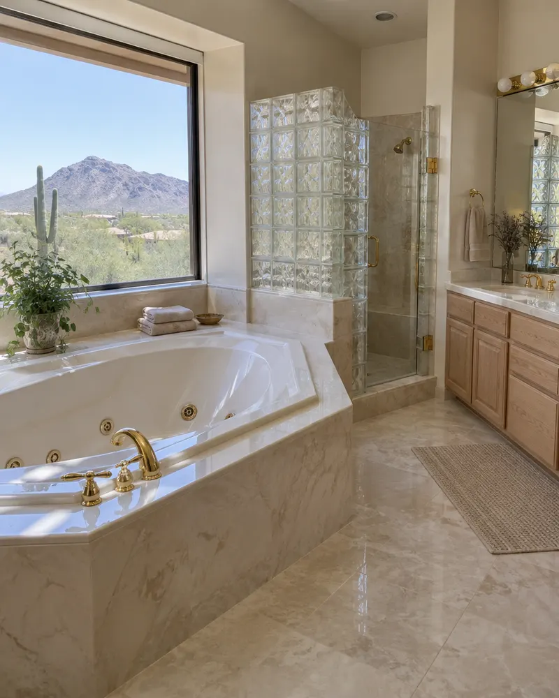 Dated 1990s Scottsdale primary bathroom with a large corner jetted tub, cultured marble, polished brass fixtures and a small glass-block shower, ready for a remodel