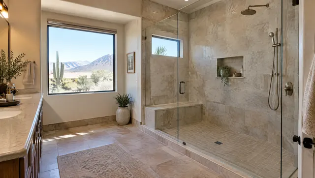 Former jetted garden tub replaced by a spacious tiled walk-in shower with a glass partition, a bench and a niche, in a 1990s Scottsdale primary bathroom
