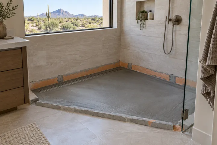 New sloped shower base being formed where a garden tub used to be, with a linear drain channel