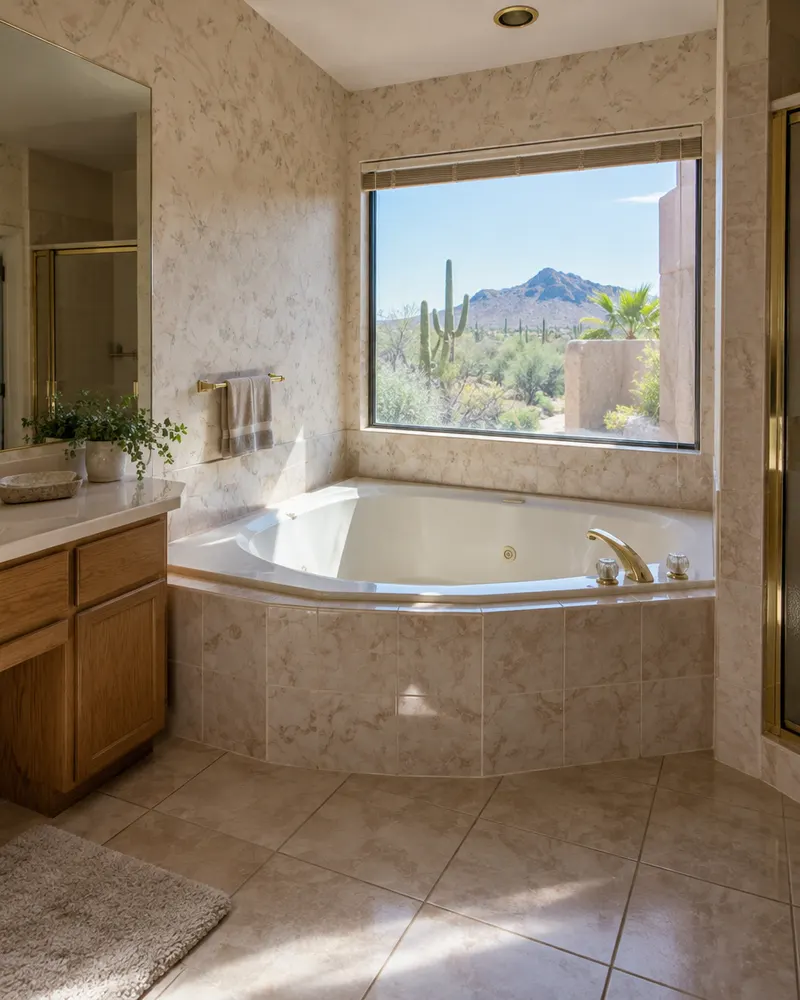 Unused oversized corner garden tub under a window in a dated primary bathroom, before conversion