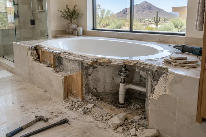 Large garden tub deck being demolished during a remodel, tile cut away, drain exposed