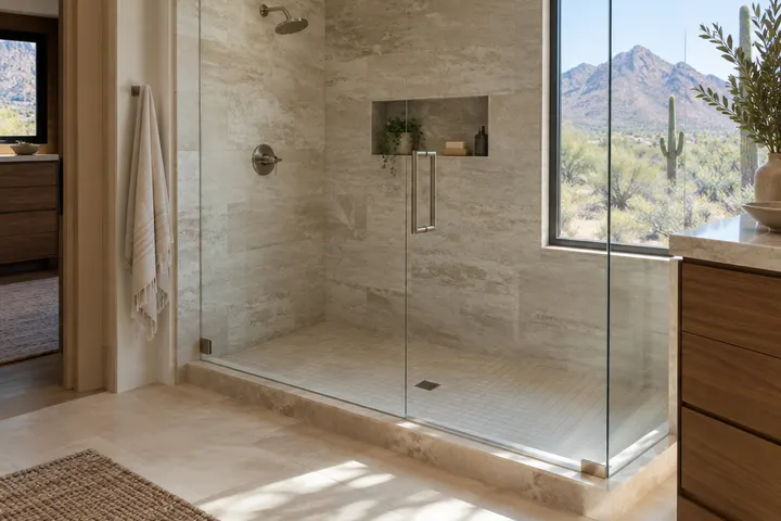 Low stone threshold and glass door on a walk-in shower that replaced a tub