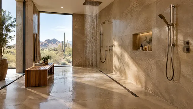 Large doorless walk-in shower with a wet-room layout, rainfall and handheld showers, warm-toned large porcelain slabs, a long linear drain and a teak bench