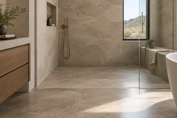Curbless shower entry where large stone-look floor tile flows into the shower toward a hidden linear drain