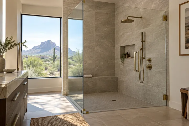 Frameless glass shower panel with brushed brass hardware on a large tiled shower