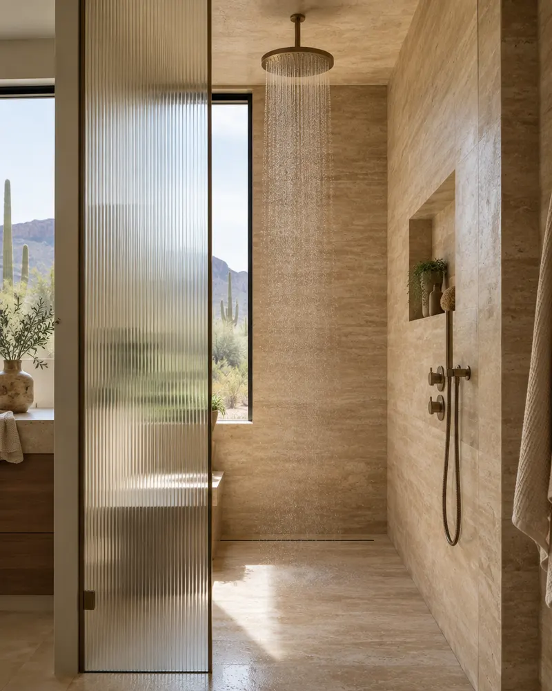 Tall walk-in shower with fluted glass, ceiling-mounted rain head and warm travertine-look walls